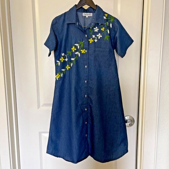 Together Shop Dresses & Skirts - Designer Vintage Soft Floral Half Sleeves Denim Women Embroideried Dress Size L